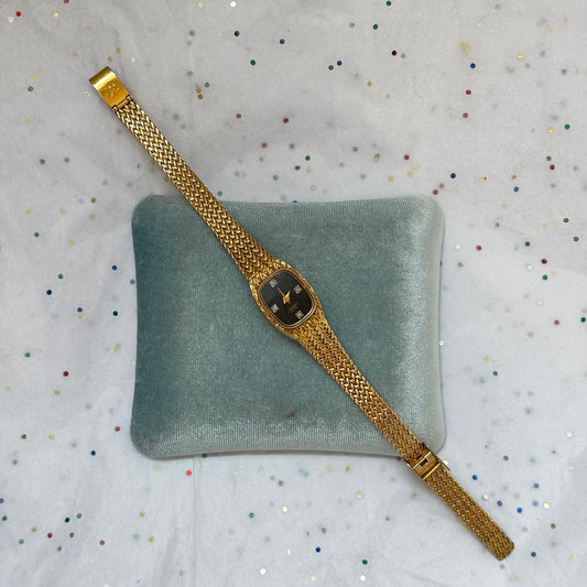 Vintage Gold Xavier Watch with Black Rectangular Face & Gemstones