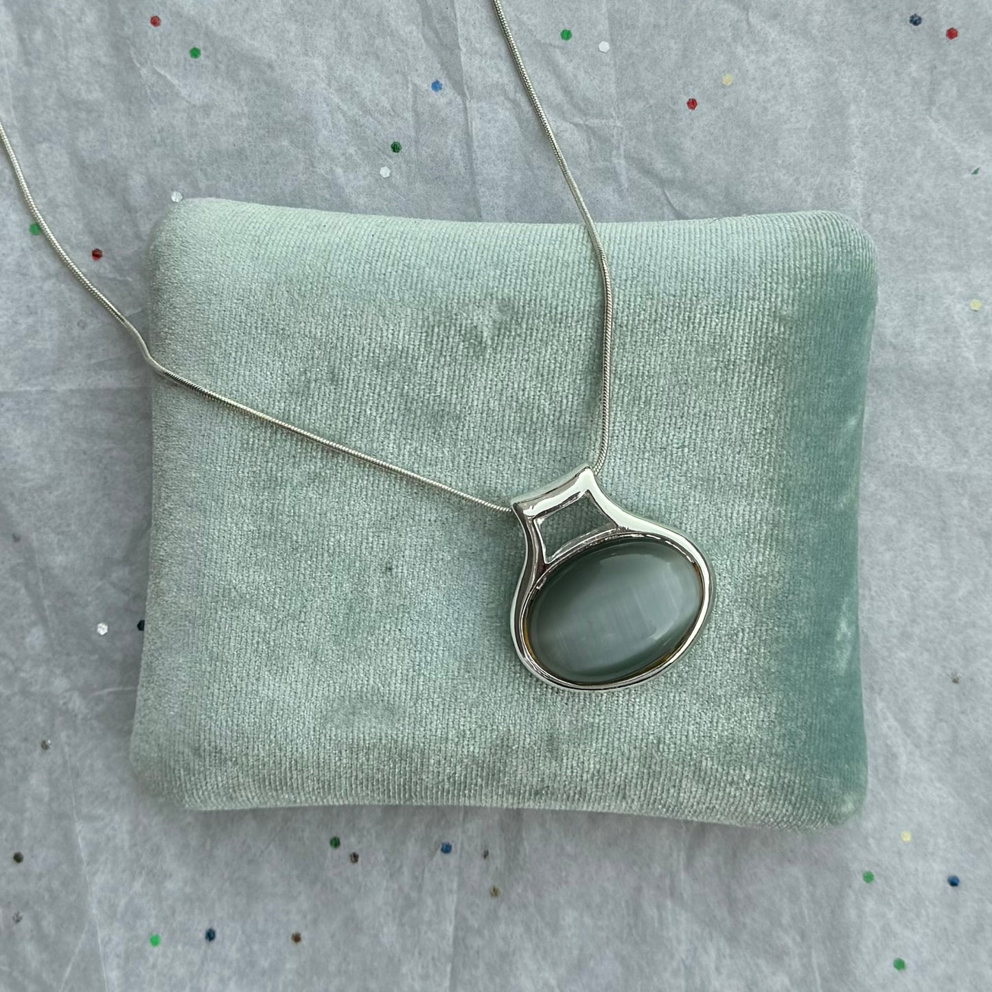 Vintage Light Blue Stone Cabochon Silver Pendant Necklace