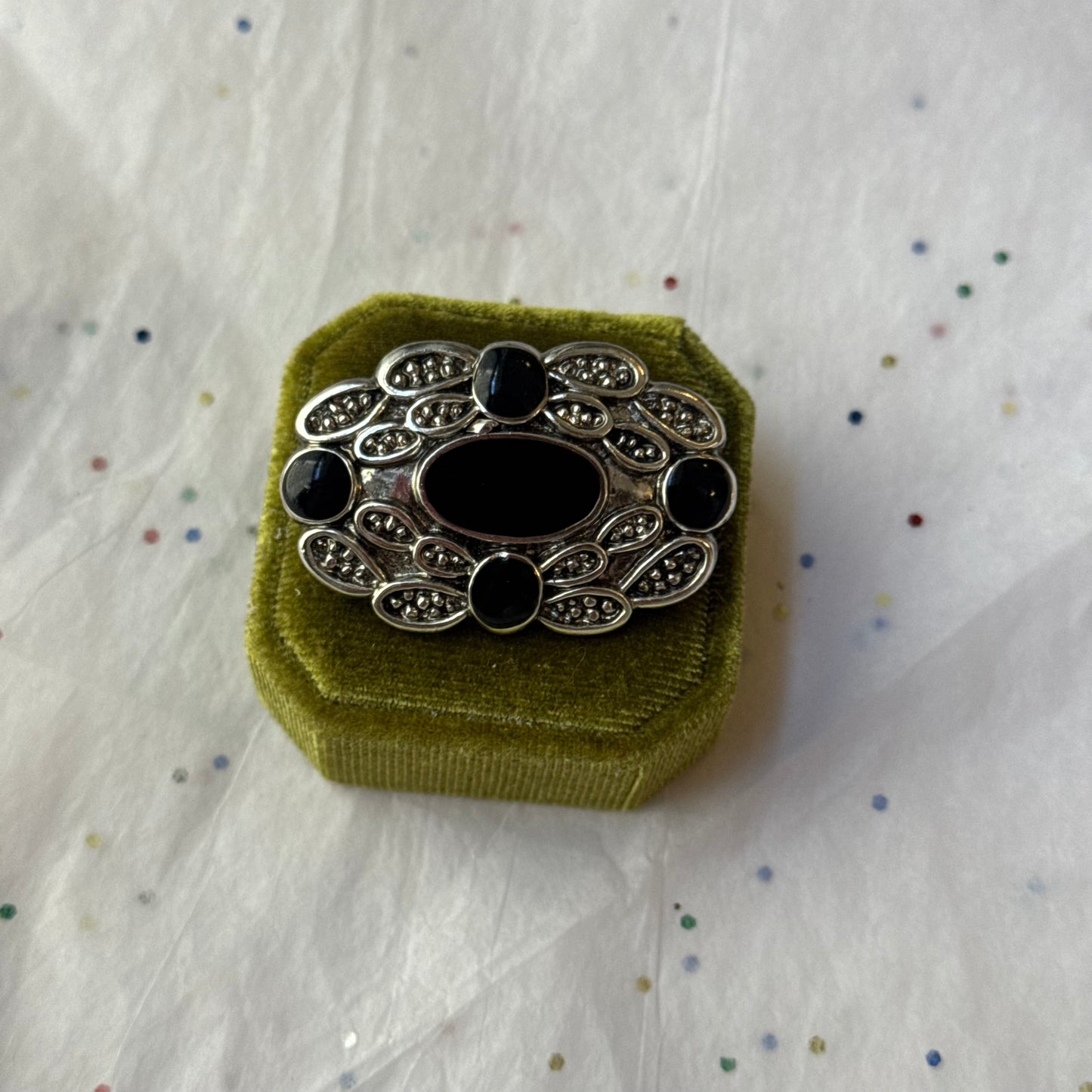 Vintage Silver Tone & Black Brooch