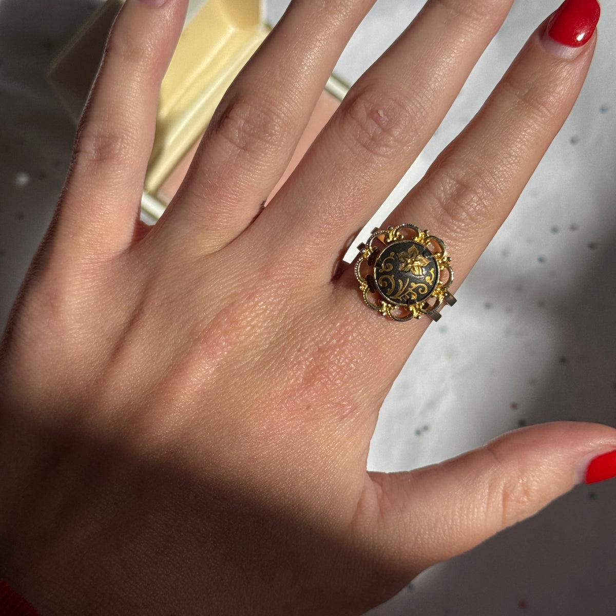 Vintage Damascene Gold & Black Ring