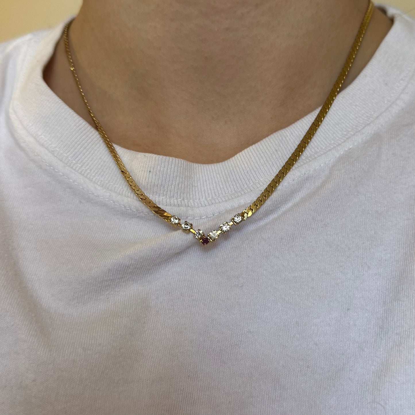 Vintage Rhinestone Necklace with Red Stone - Sourced in Paris