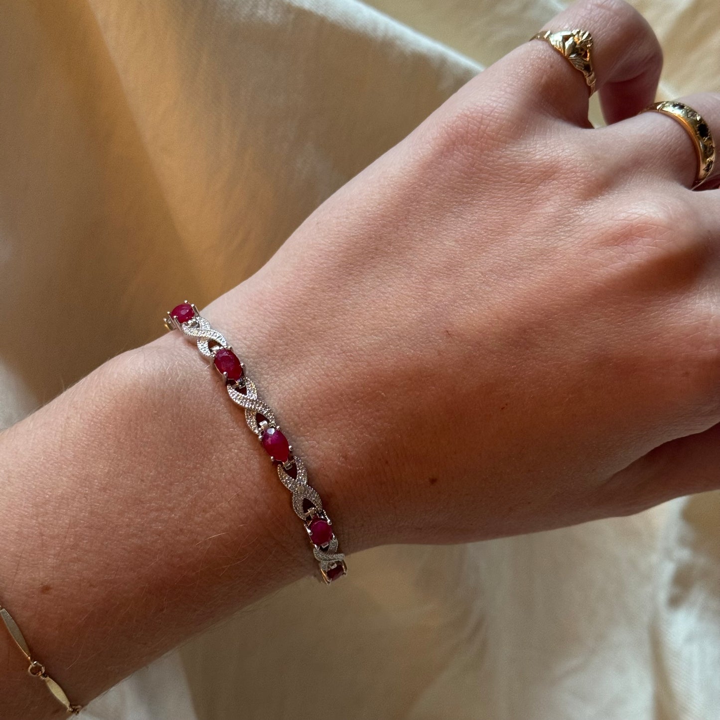 Vintage Sterling Silver Ruby Rhinestone Tennis Bracelet
