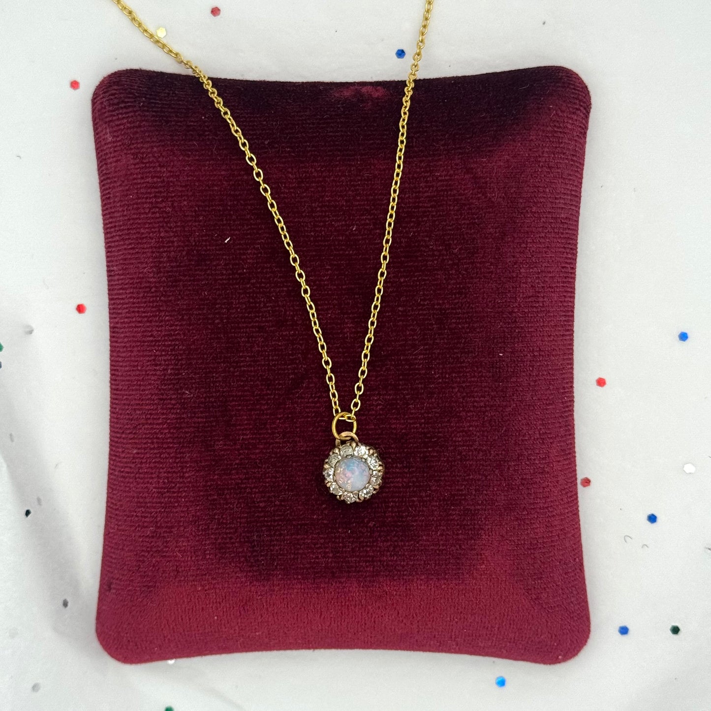 Vintage Gold Opal & Rhinestone Pendant Necklace