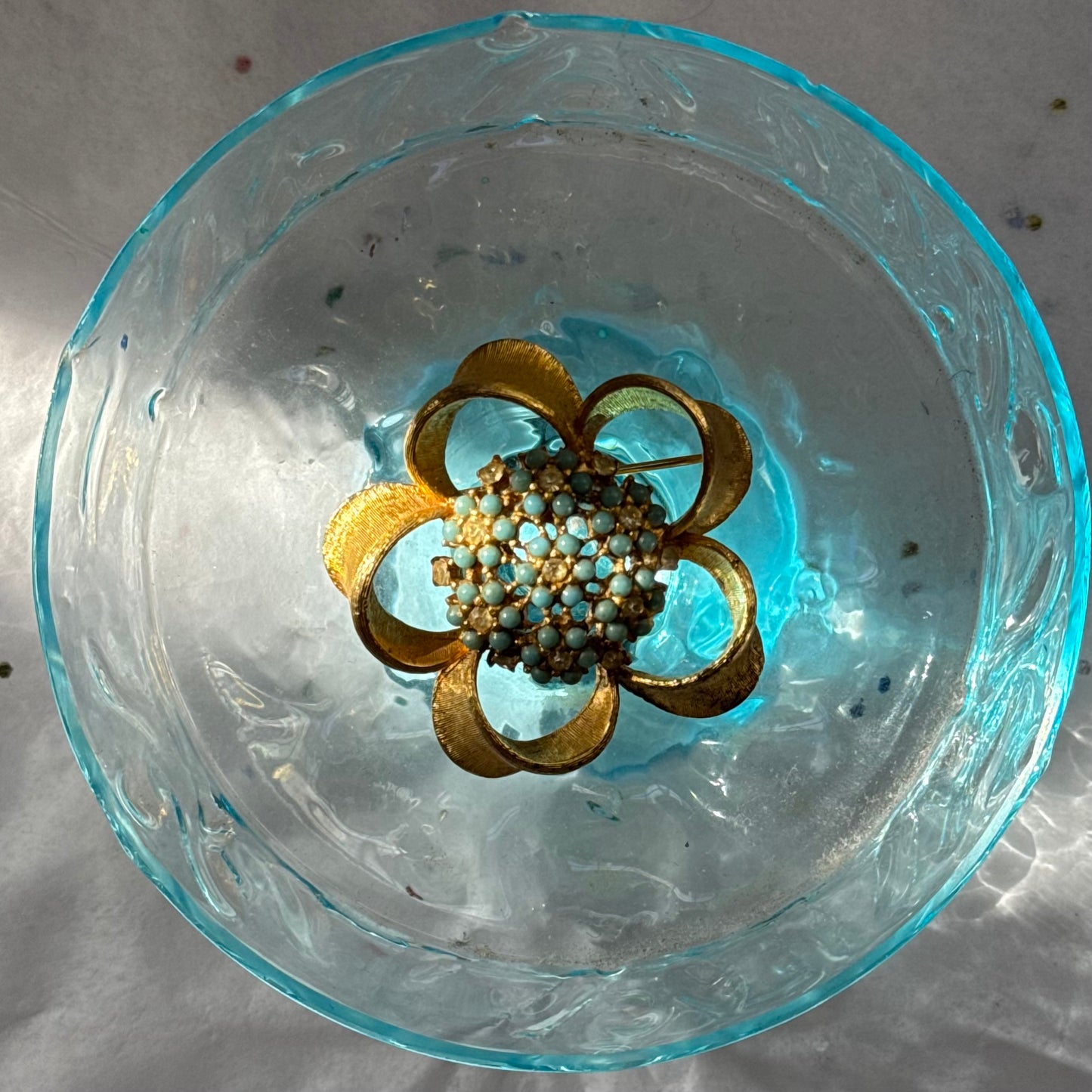 Vintage Gold Flower Brooch with Rhinestones & Teal Stones