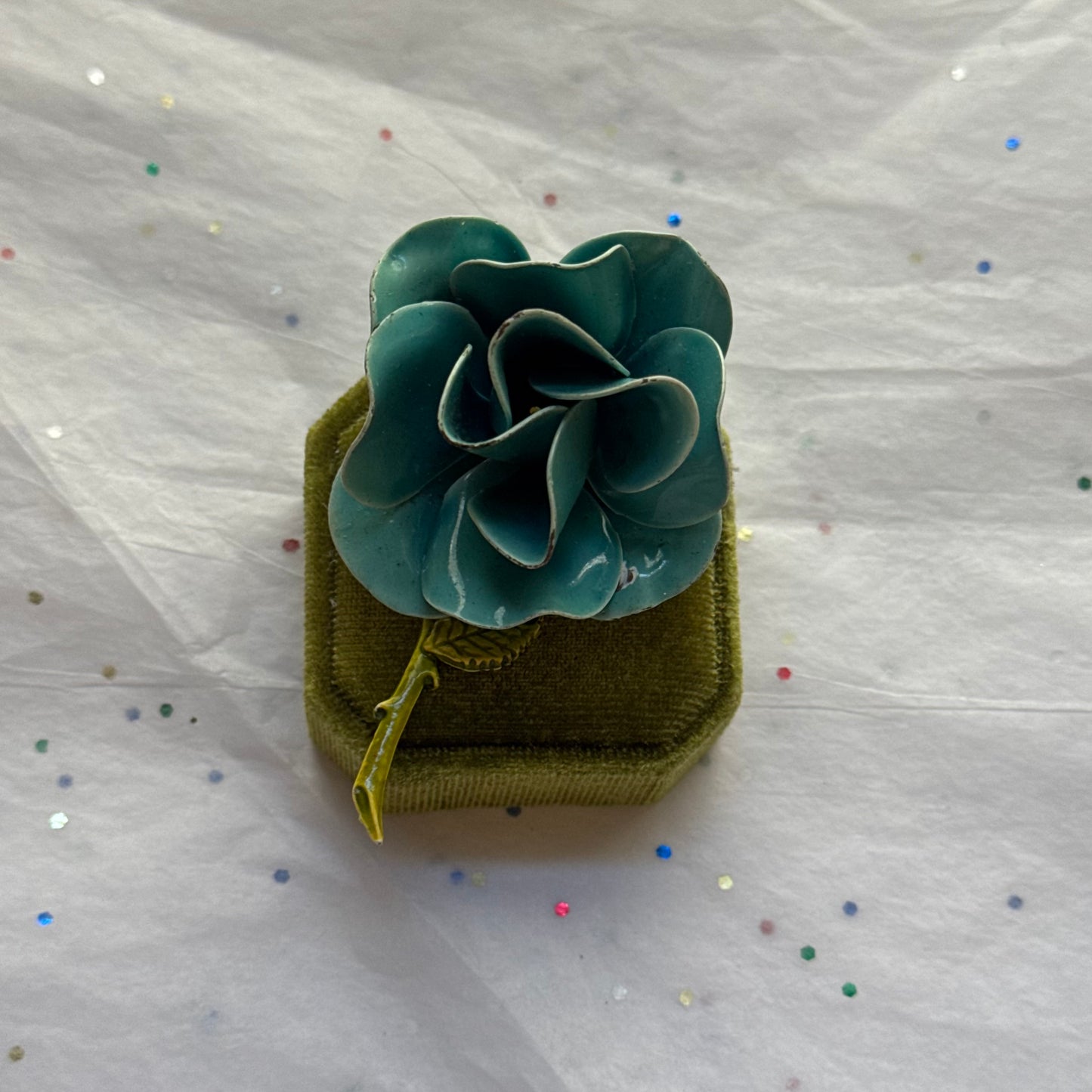 Vintage Gold Enamel Blue Rose Brooch