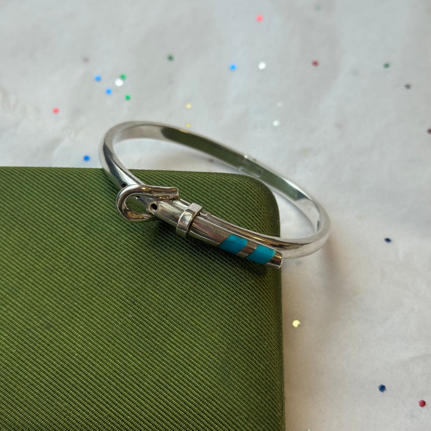 Vintage 925 Sterling Silver Belt Buckle Bangle Bracelet with Turquoise