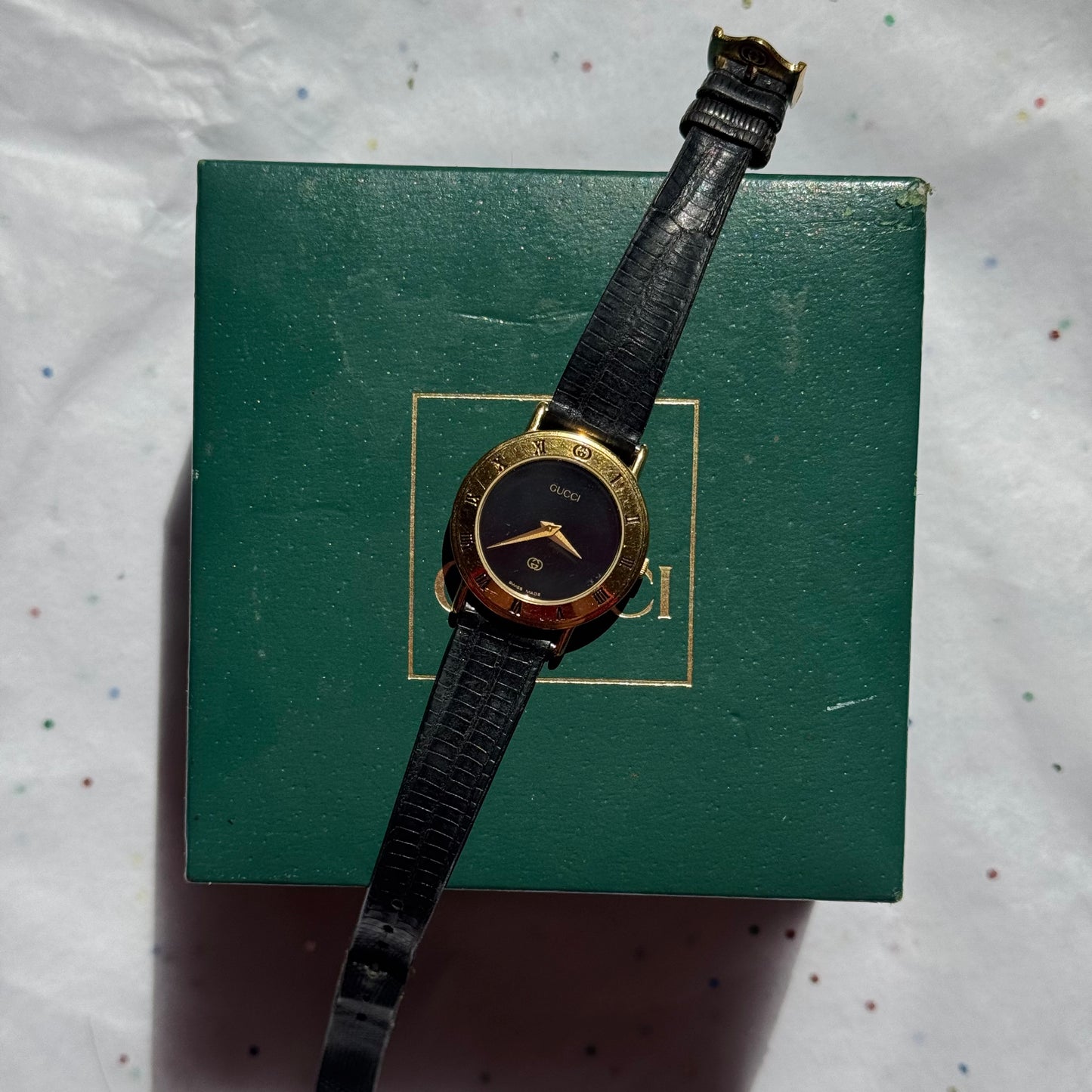 Vintage Working Black Gucci Leather Band Watch