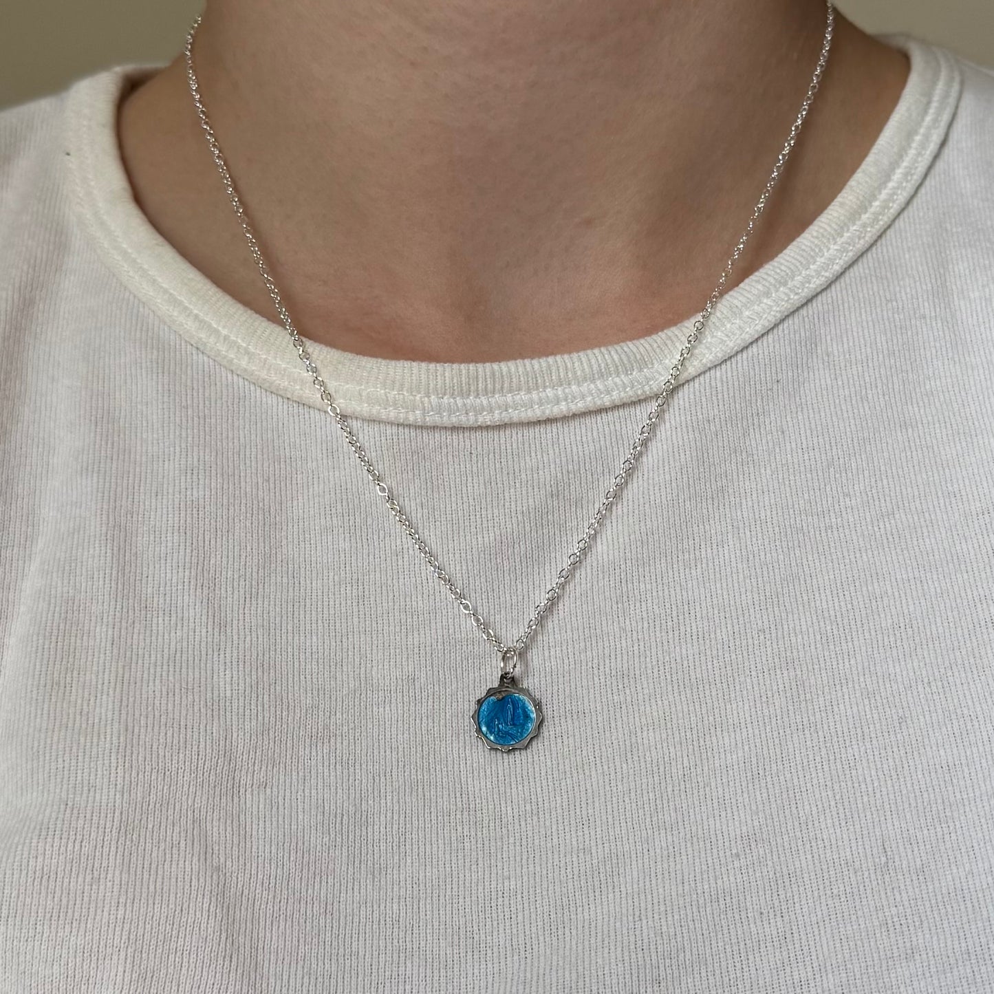Vintage Our Lady of Lourdes Blue Enamel Necklace - Sourced in Paris