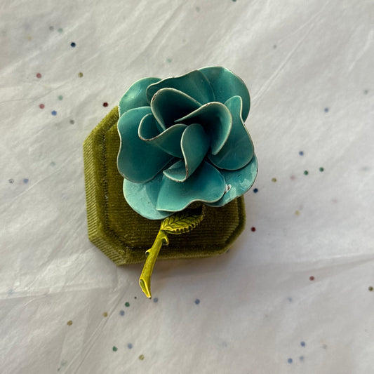 Vintage Gold Enamel Blue Rose Brooch