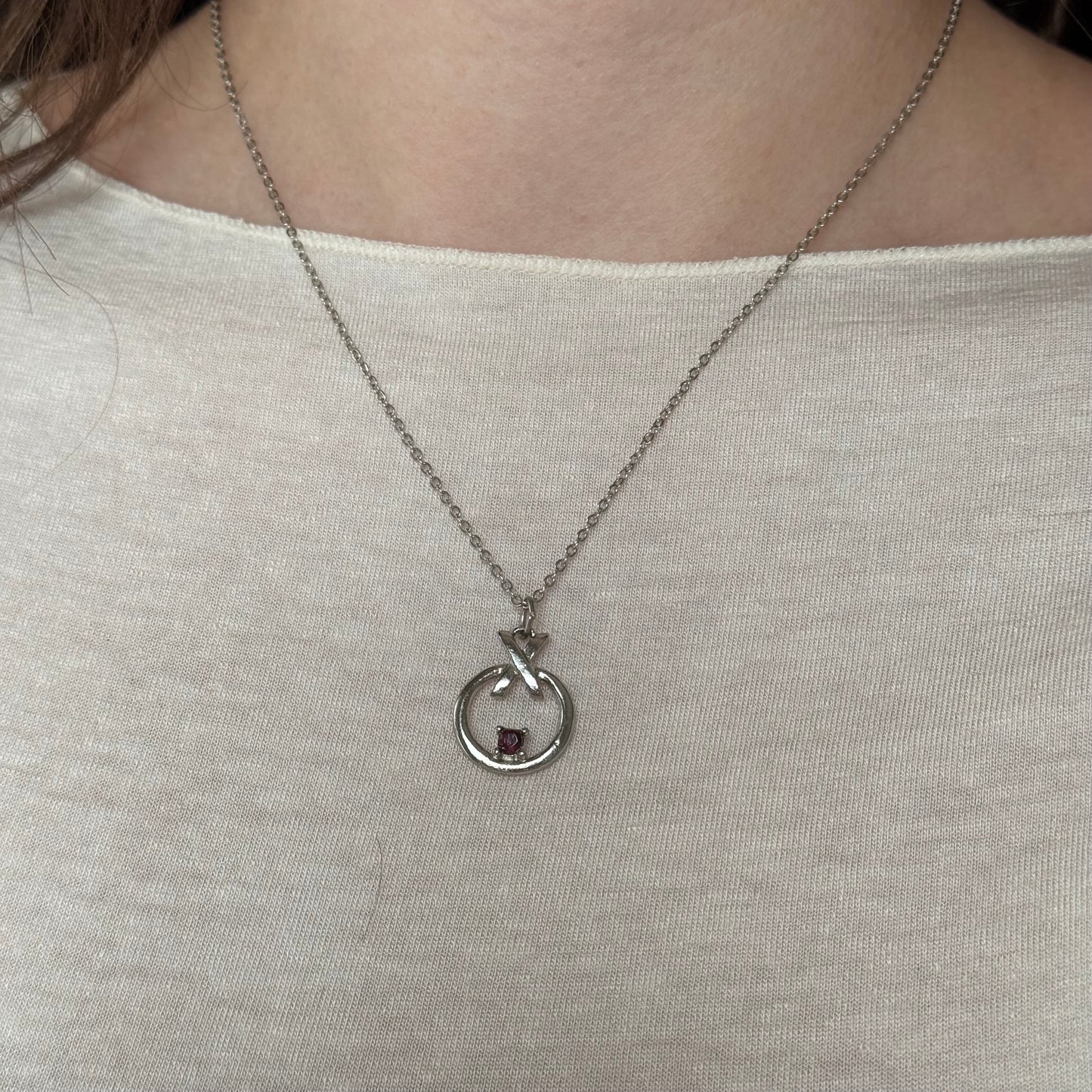 Vintage Silver Pendant Necklace with Red Rhinestone