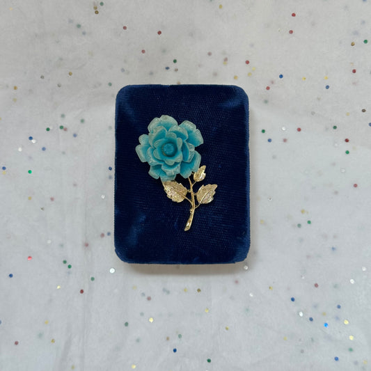 Vintage Gold Blue Rose Brooch