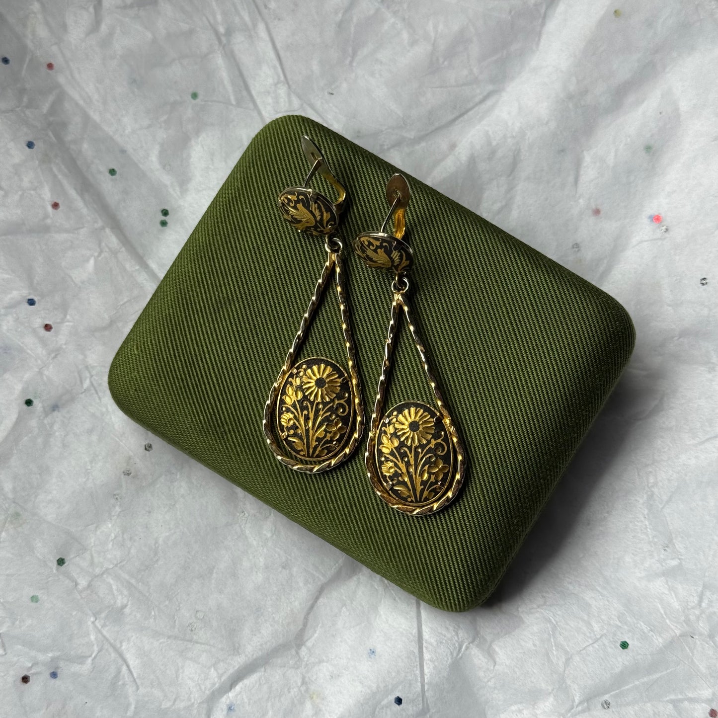 Vintage Gold Damascene Drop Earrings