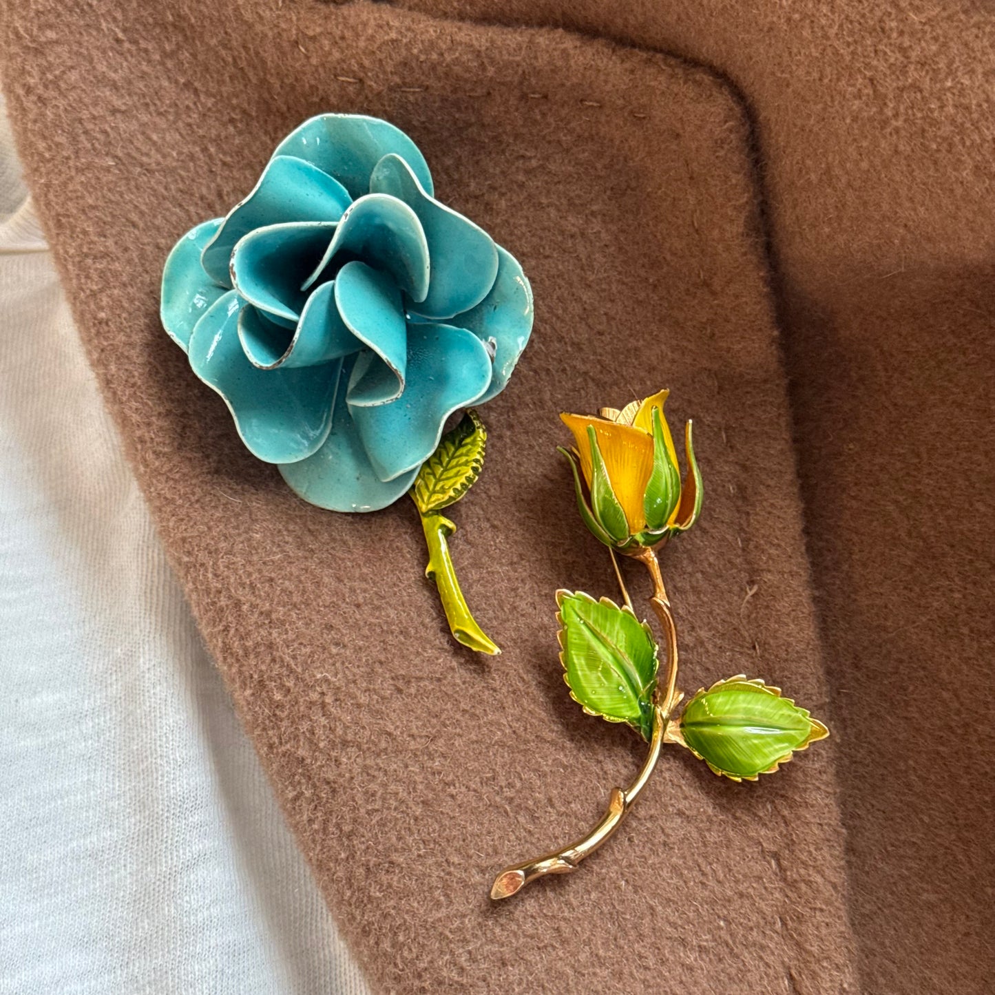Vintage Gold Enamel Blue Rose Brooch