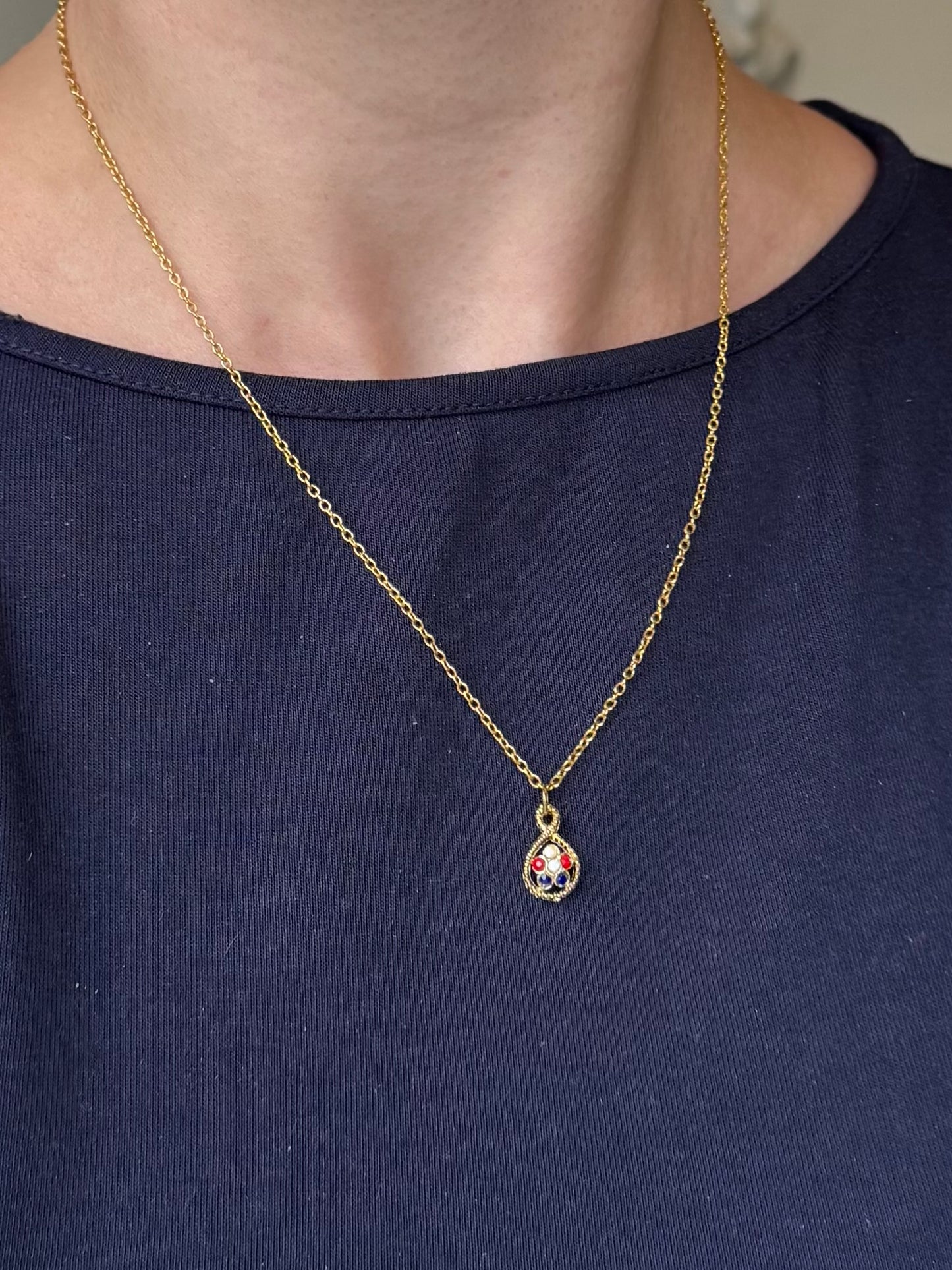 Vintage Red, White, & Blue Flower Pendant Necklace