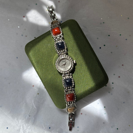 Vintage Silver Multicolored Scarab Watch