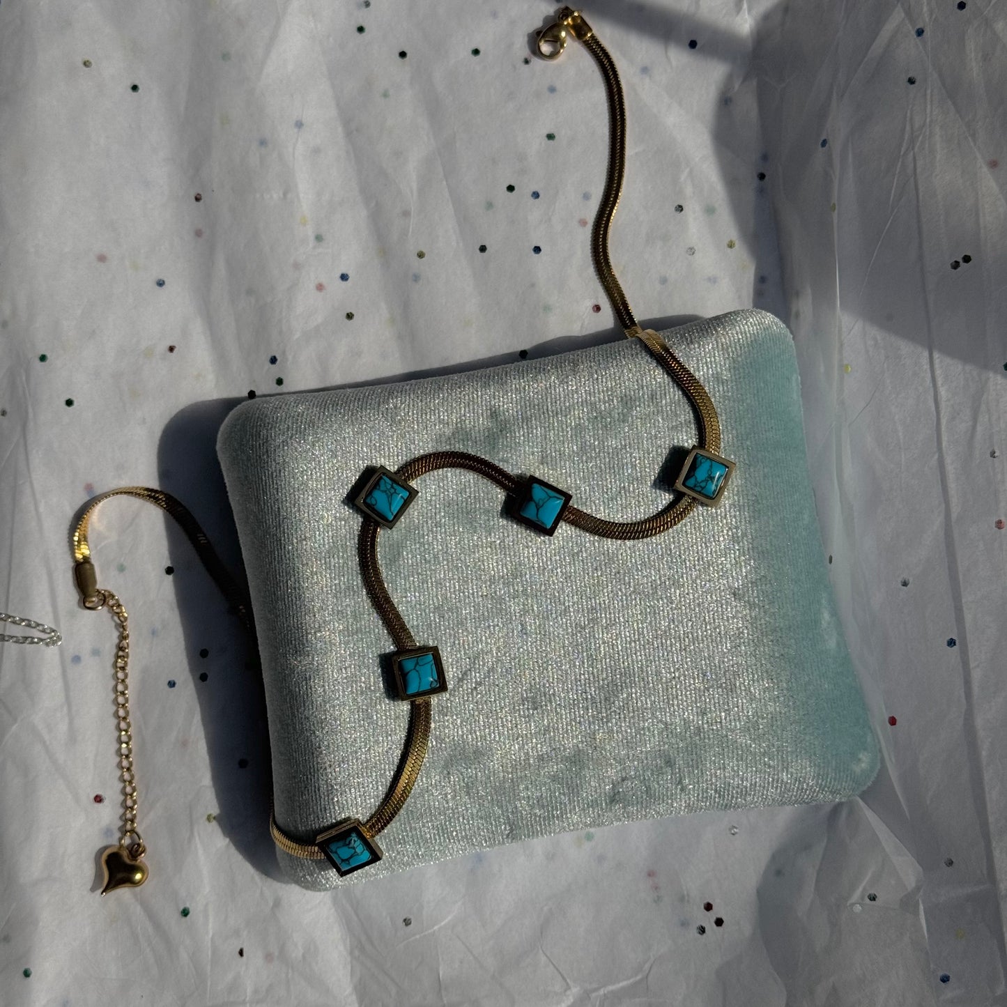 Gold Bezel Turquoise Square Herringbone Chain Necklace