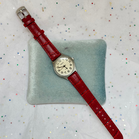 Vintage Silver Watch with Red Vegan Leather Band