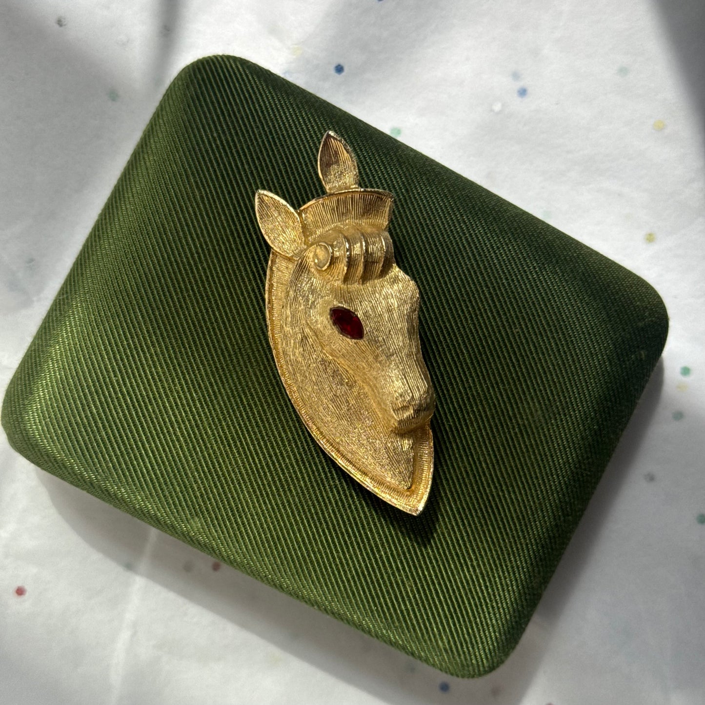 Vintage Gold Horse Brooch with Red Rhinestones