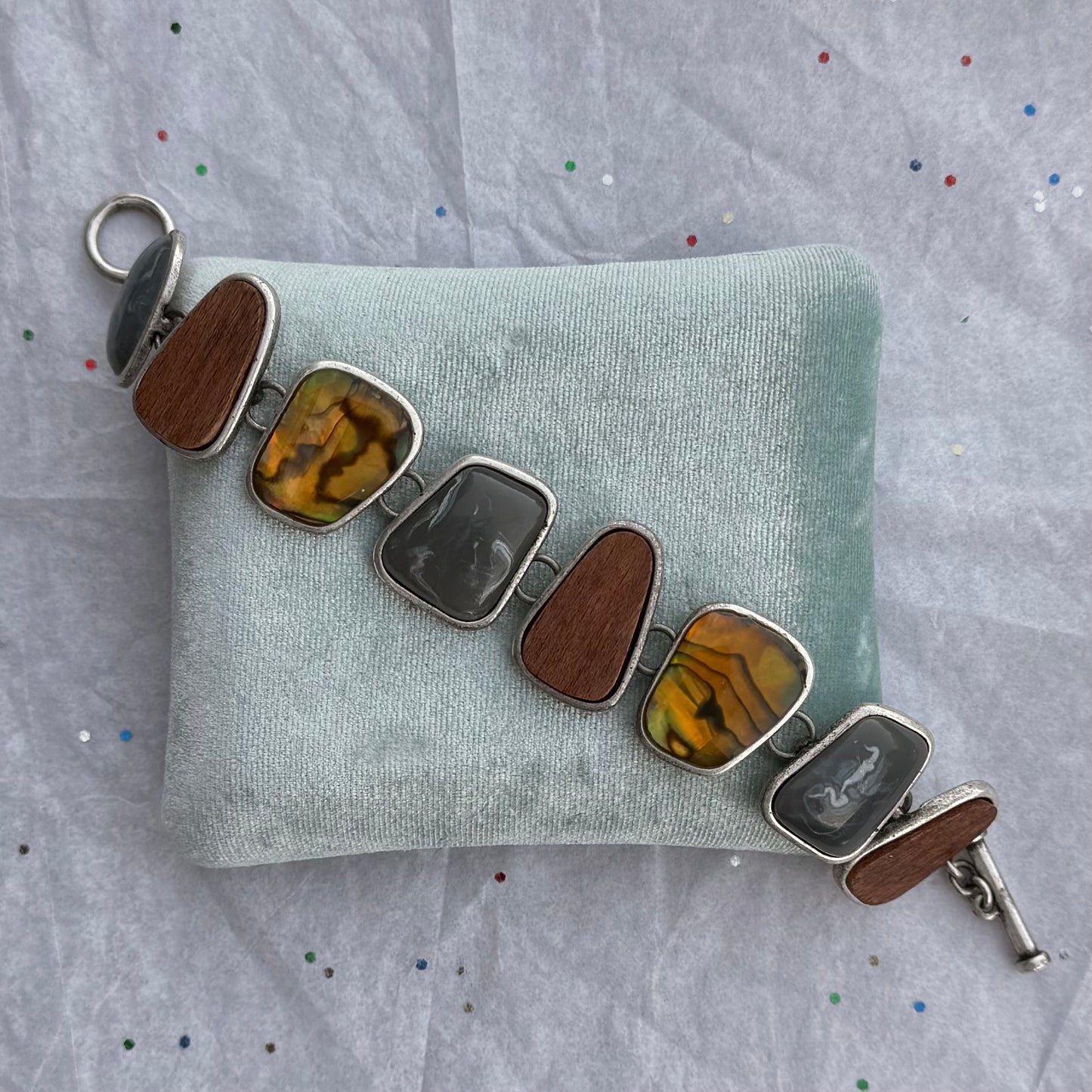 Vintage Silver Tone Abalone Shell, Stone, & Wood Bracelet