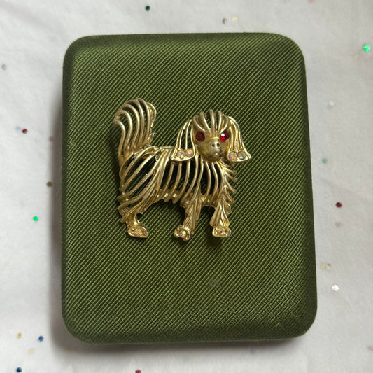 Vintage Gold Dog Brooch with Red Rhinestones