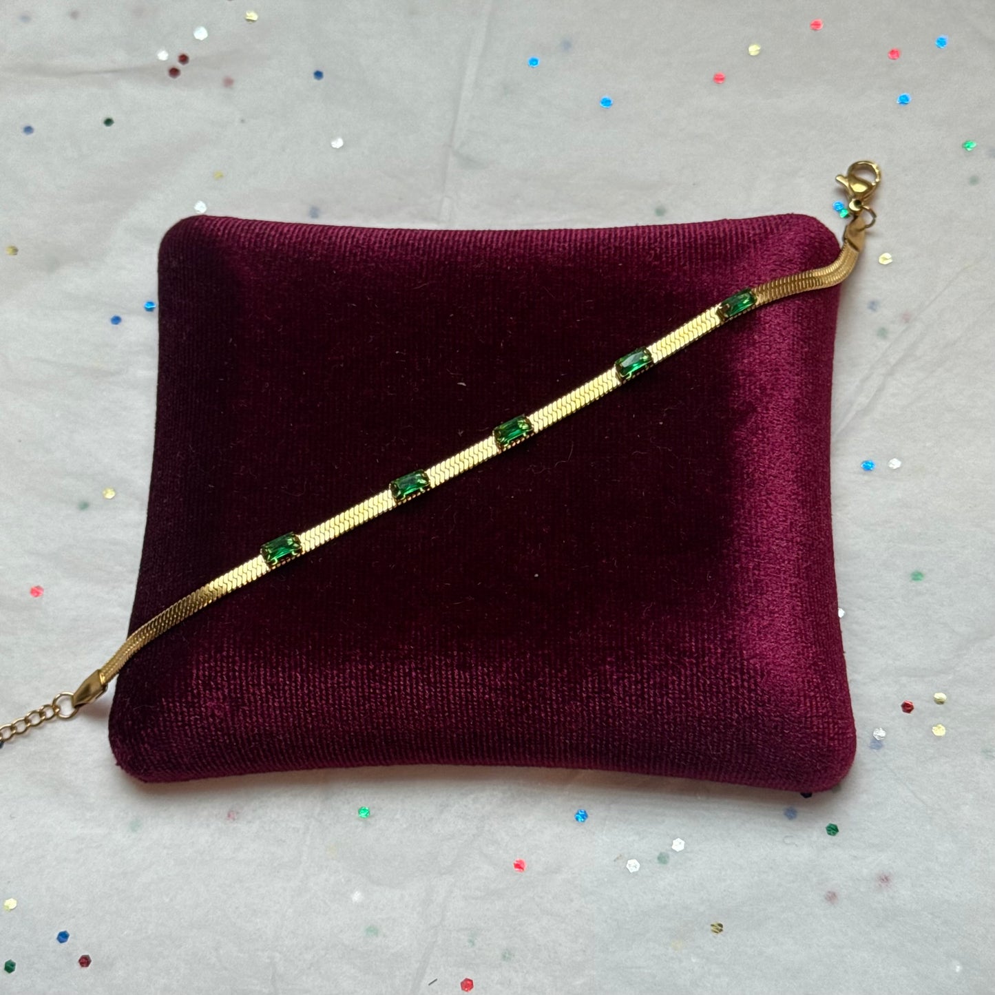 Gold Herringbone Bracelet with Green Rhinestones