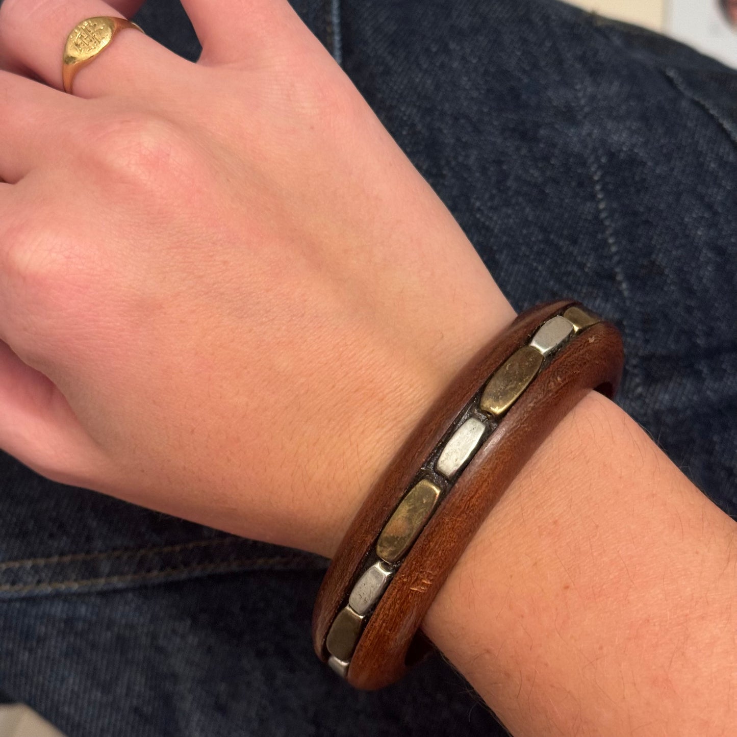 Vintage Wood & Inlay Brass & Silver Bangle Bracelet