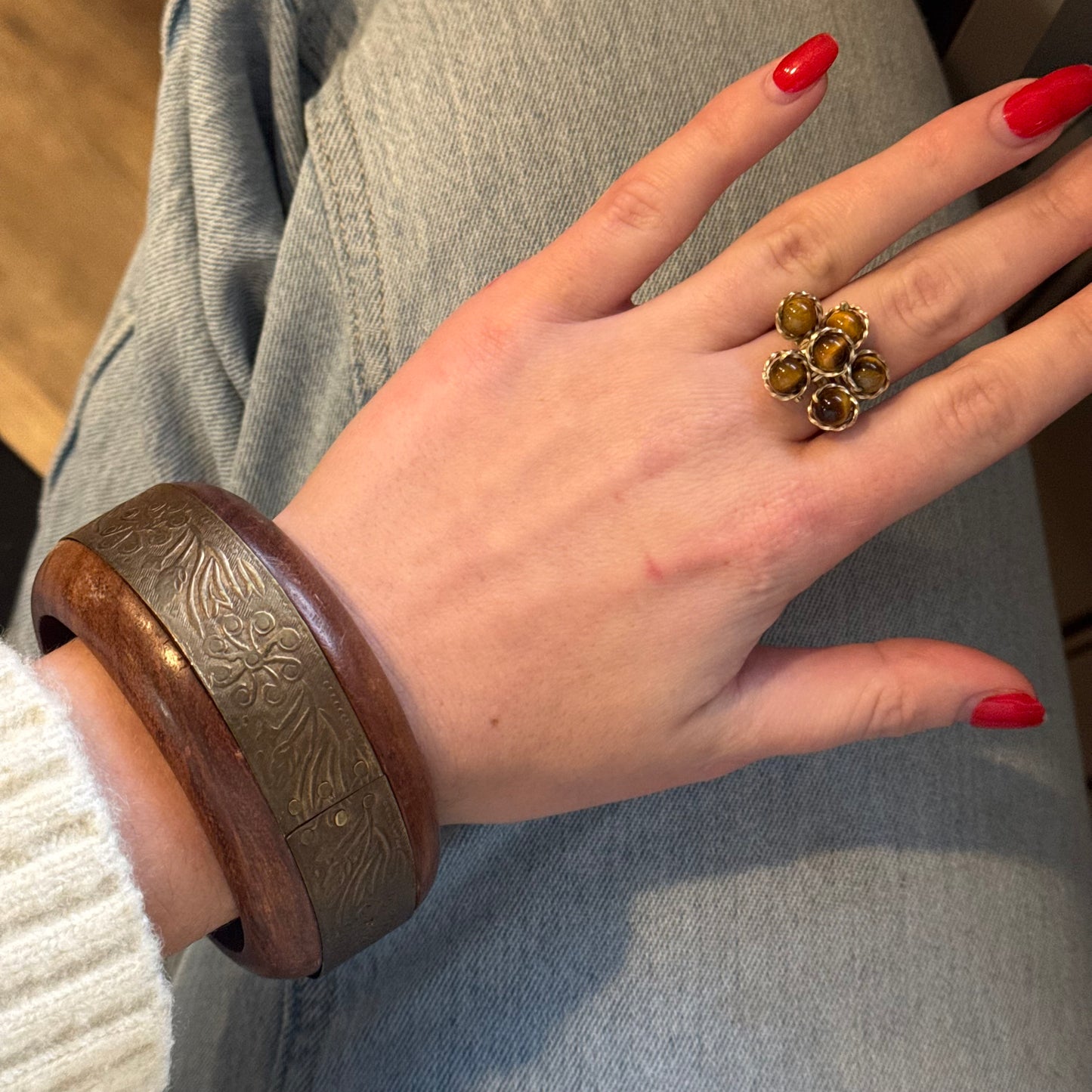 Vintage Wood & Brass Bangle Bracelet