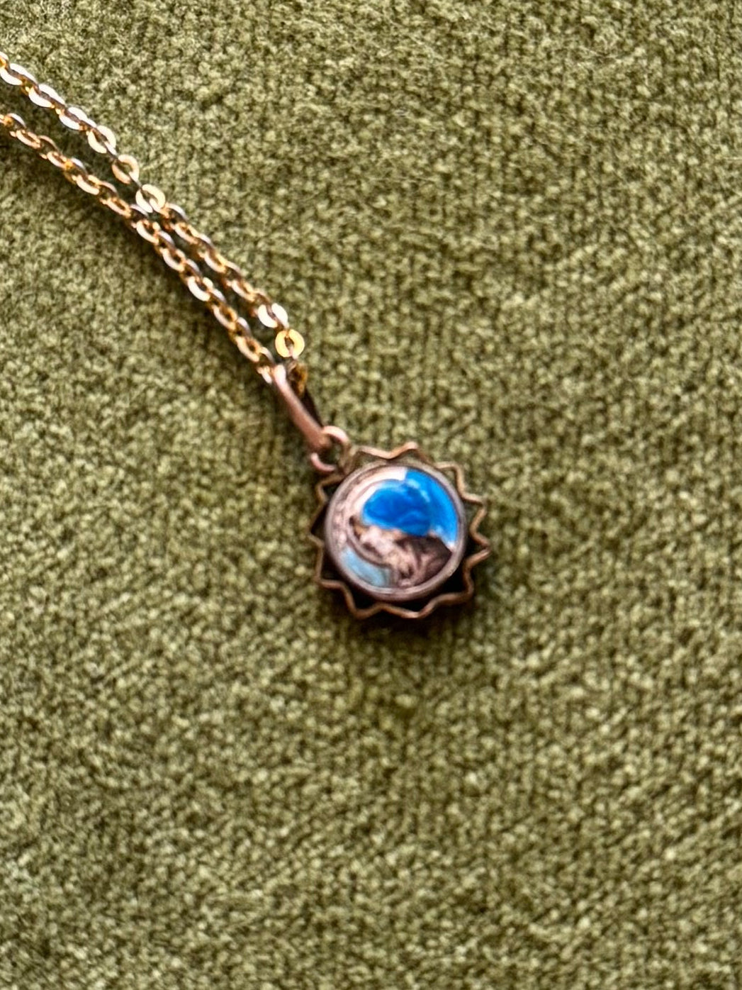 Vintage Gold Teal Enamel Mary Necklace - Sourced in Paris