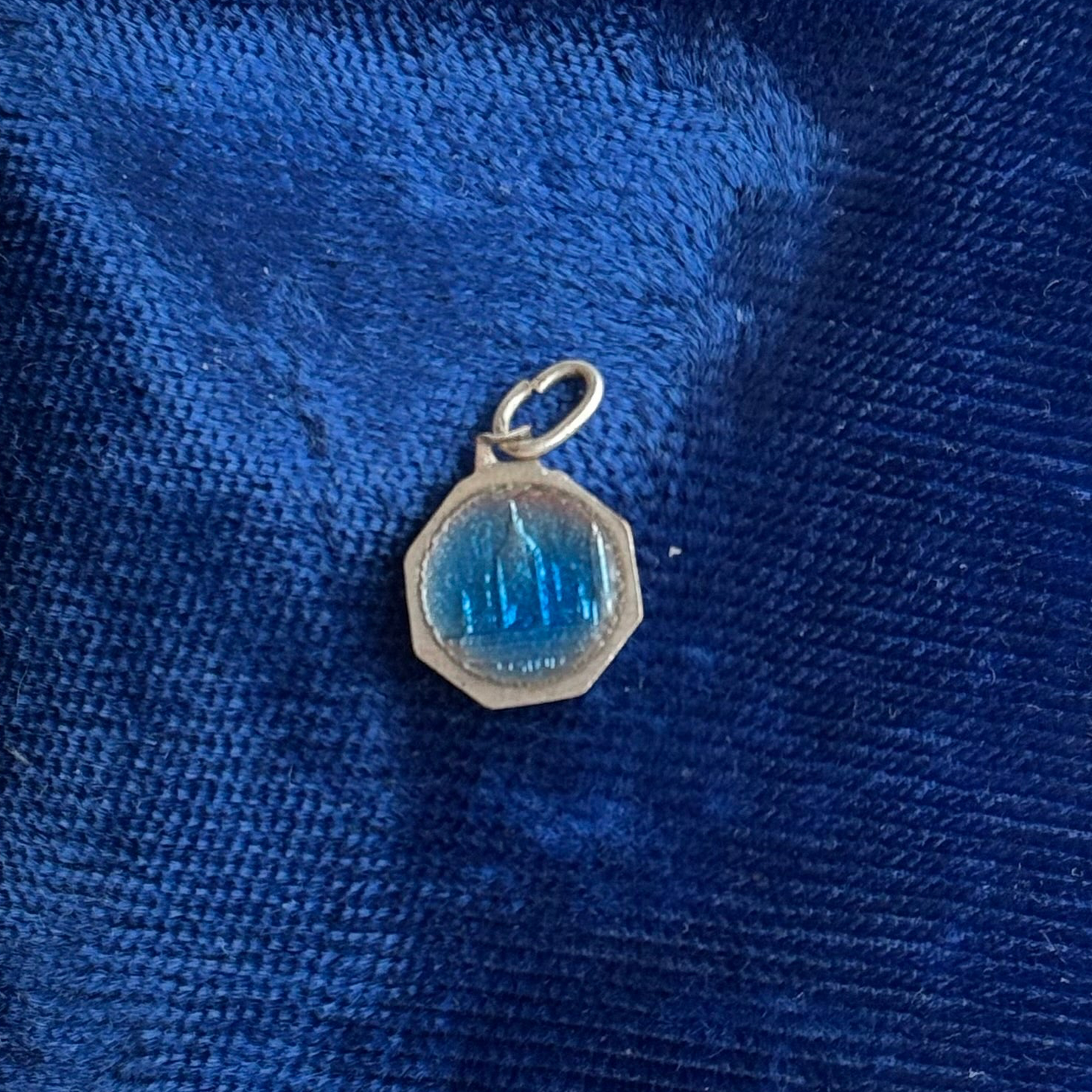 Vintage Silver Blue Enamel Mary Necklace - Sourced in Paris