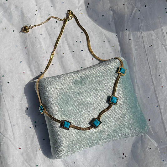 Gold Bezel Turquoise Square Herringbone Chain Necklace
