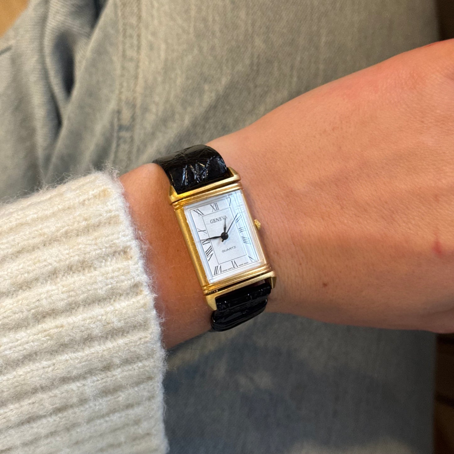 Vintage Moveable Gold Watch with Black Leather Band