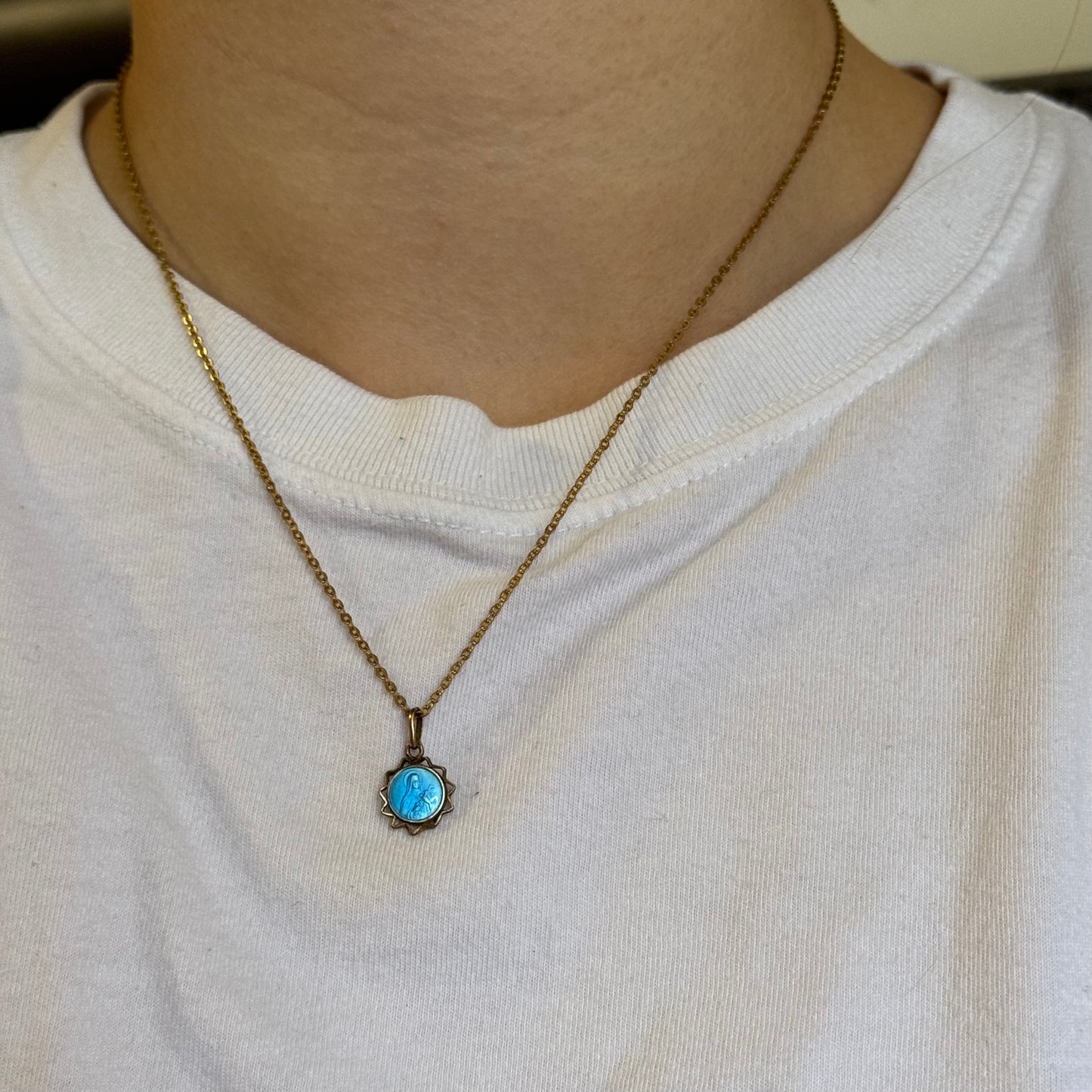 Vintage Gold Teal Enamel Mary Necklace - Sourced in Paris
