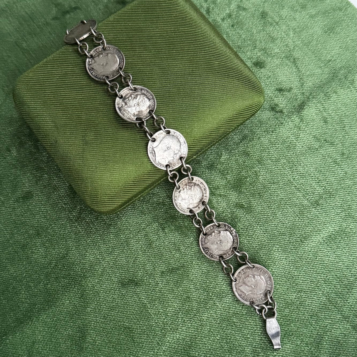Antique English Silver 3 Pence Coin Bracelet