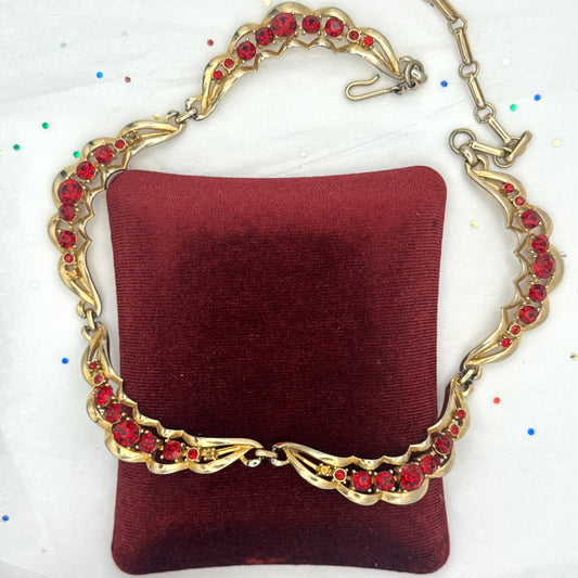 Vintage Gold Tone Red Rhinestone Necklace