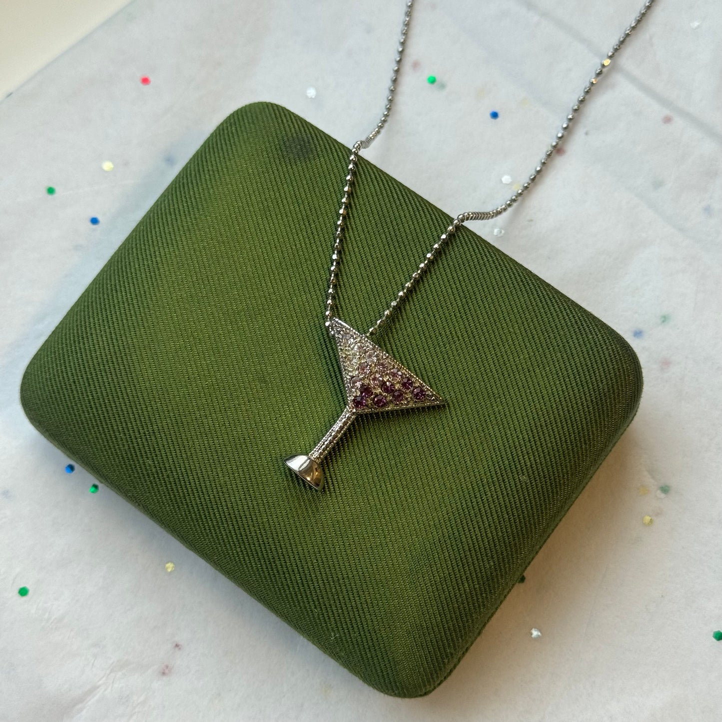 Vintage Martini Rhinestone Silver Pendant Necklace