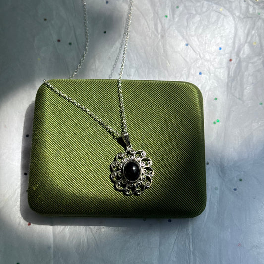 Vintage Silver Black Stone Pendant Necklace