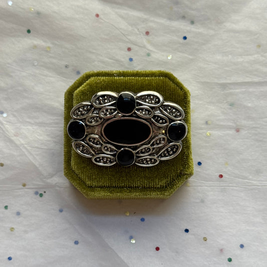 Vintage Silver Tone & Black Brooch