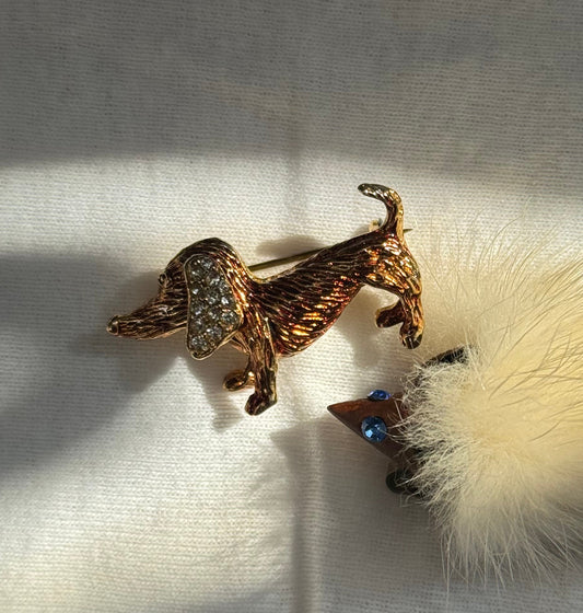 Vintage Gold Tone Dachshund Brooch with Rhinestones - Sourced in Paris