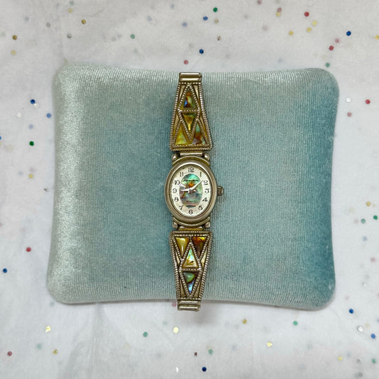 Vintage Abalone Shell Silver Stretch Band Watch