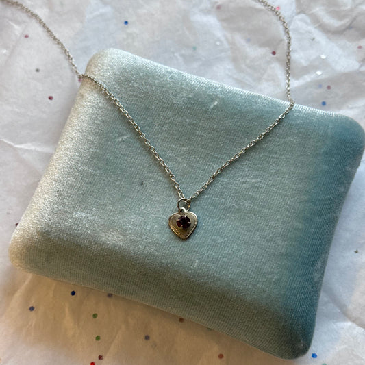 Vintage Silver Heart Pendant Necklace with Red Rhinestone