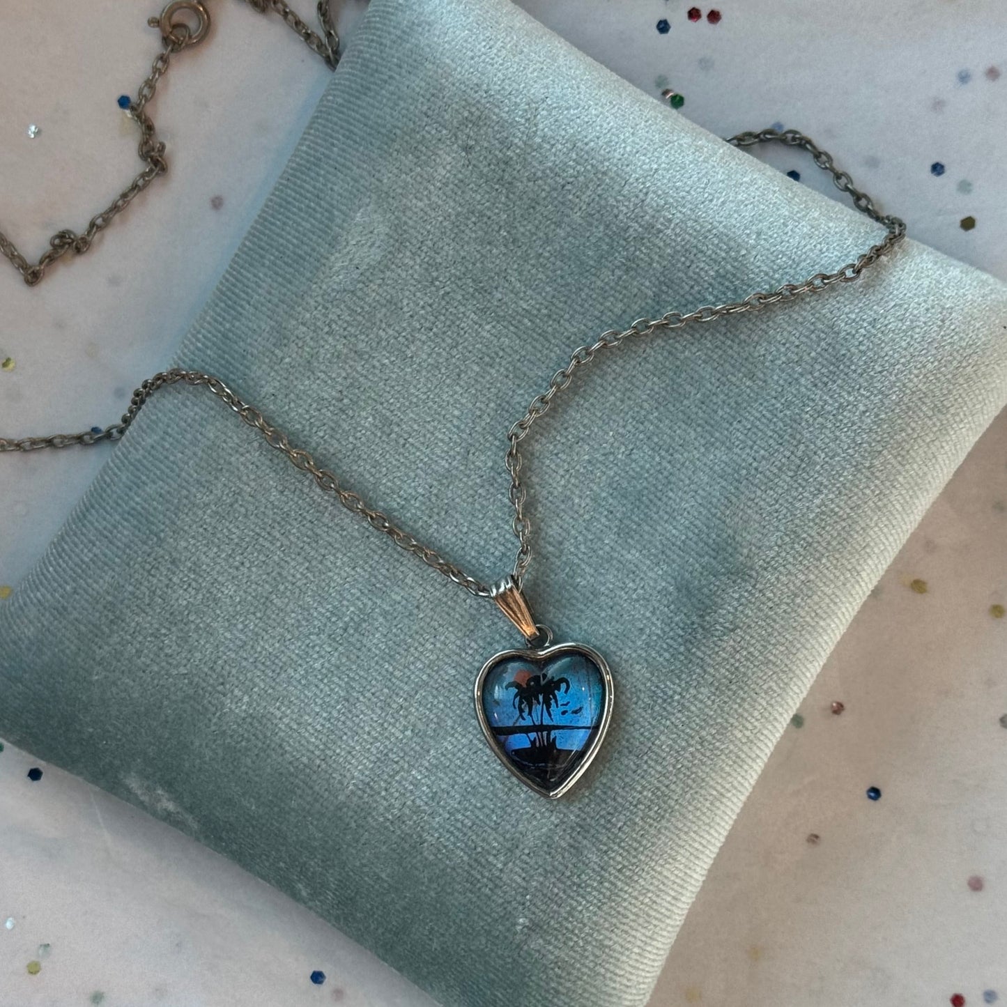 Vintage Sterling Silver Iridescent Palm Tree Heart Pendant Necklace