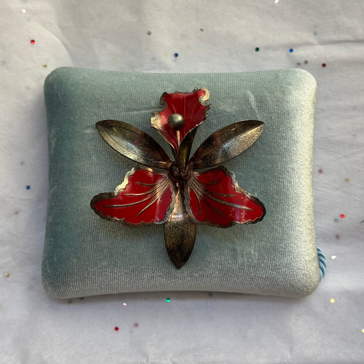 Vintage Red Enamel & Silver Orchid Brooch