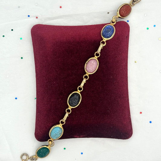 Vintage Gold Tone Multicolored Stone Scarab Bracelet