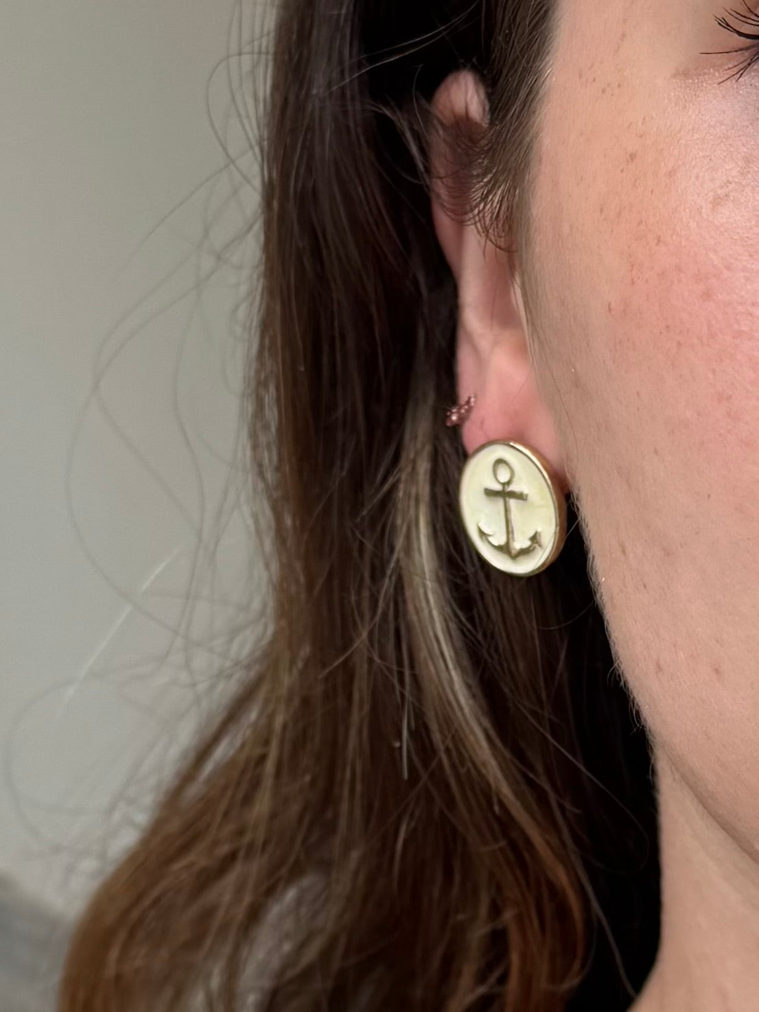 Vintage Nautical Gold Tone Anchor White Enamel Post Earrings