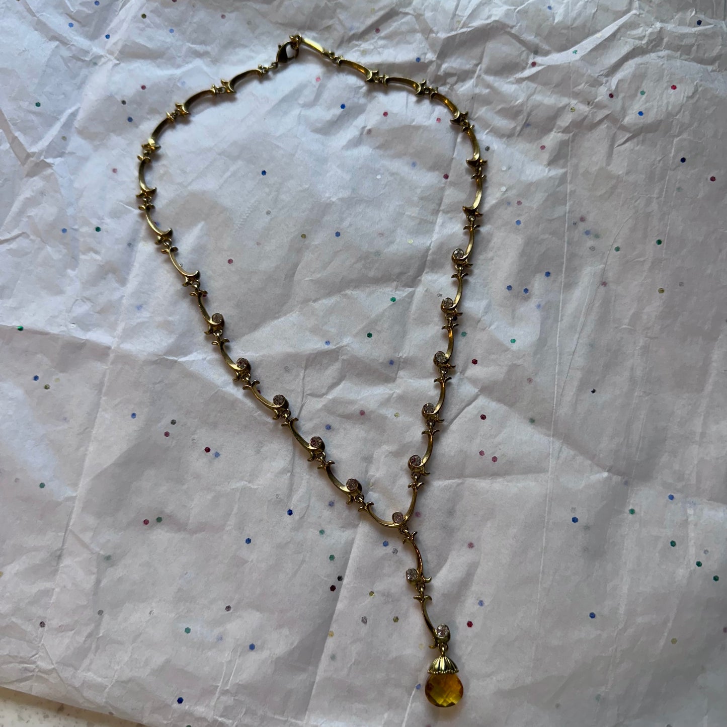 Vintage Gold Tone Rhinestone Teardrop Necklace