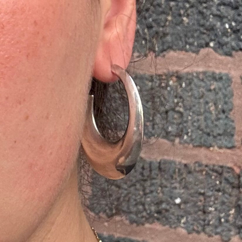 Vintage 925 Sterling Silver Large Puffed Hoop Post Earrings