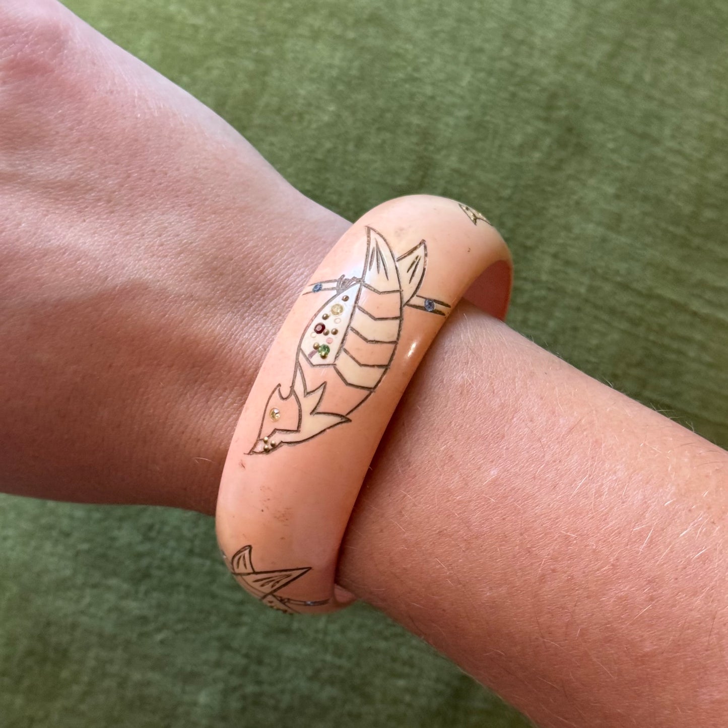 Vintage Bird Coral Bangle Bracelet with Rhinestones - Sourced in Paris