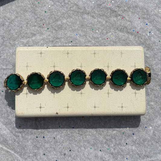 Vintage Gold Tone Engraved Cameo Green Bracelet