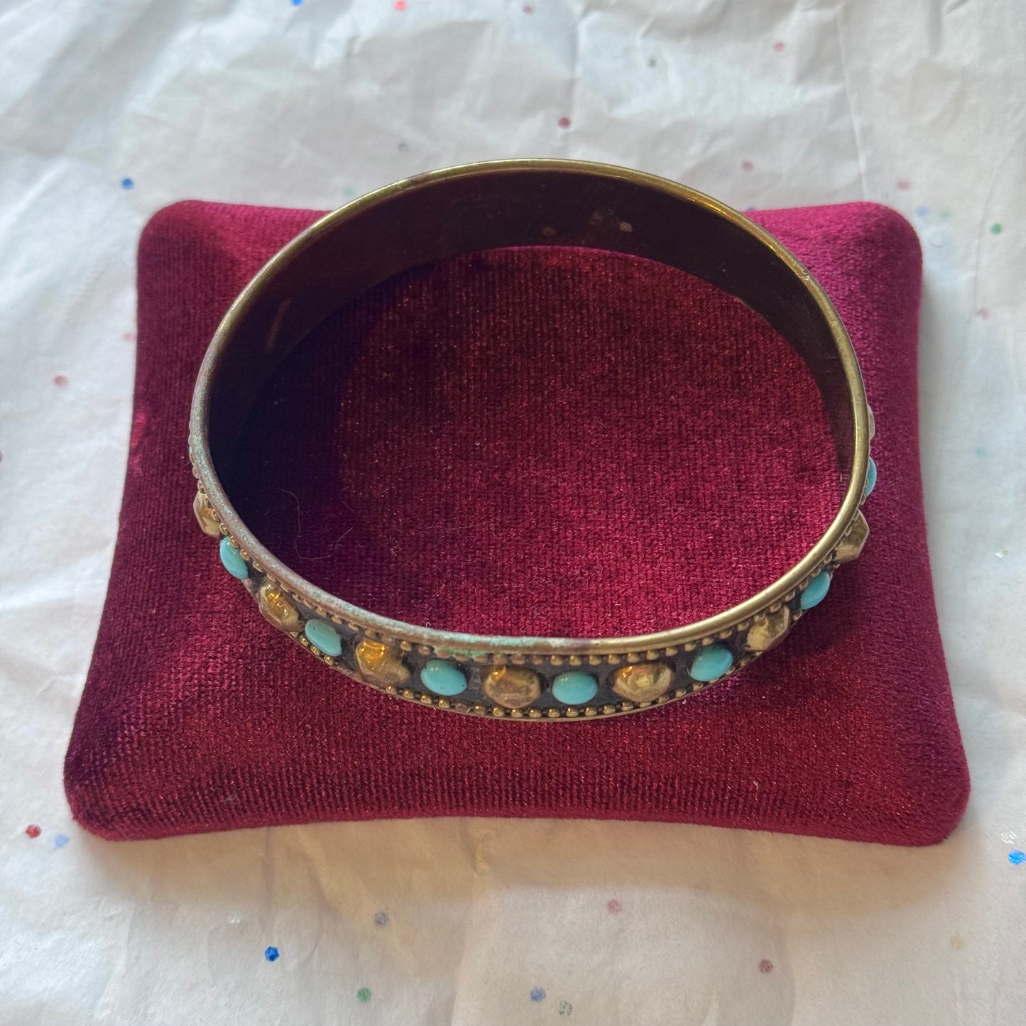 Vintage Studded Teal & Brass Bangle Bracelet