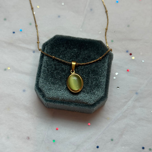 Gold Pendant Necklace with Green Cabochon Stone